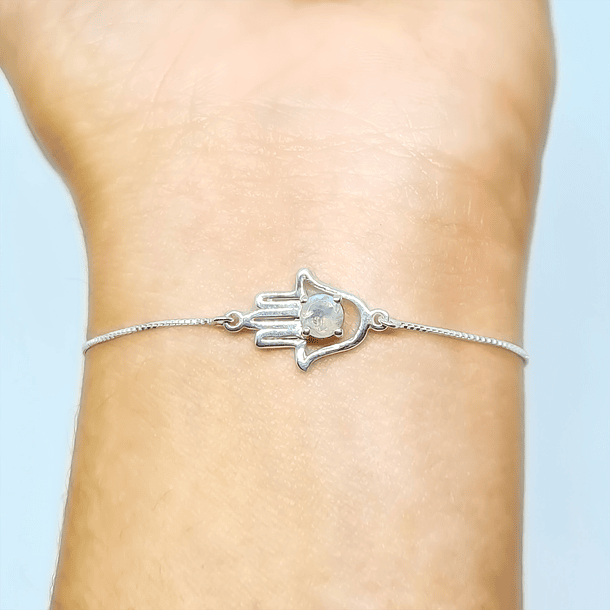 Pulsera Mano de Fátima Piedra Luna Plata Fina 925 Adaptable