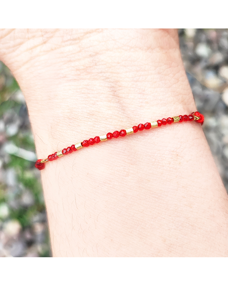 Pulsera Cristal Rojo Mostacilla Enchapado Oro 18 K Ajustable