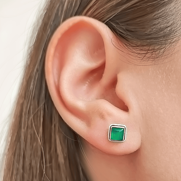 Aros Botón Cuadrado Jade Plata Fina 925 3