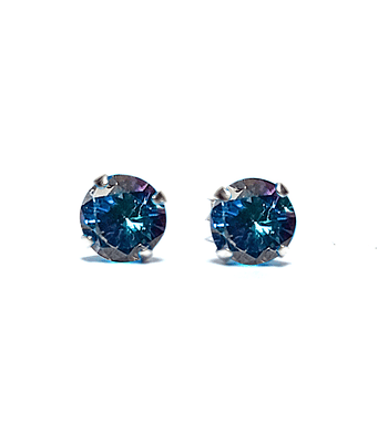 Aros Circón Azul Tornasol Solitario 6mm Plata Fina 925