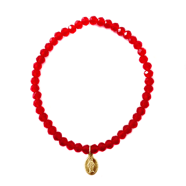 Pulsera Elásticada Cristales Rojo Virgen de los Rayos Enchapado Oro 18K