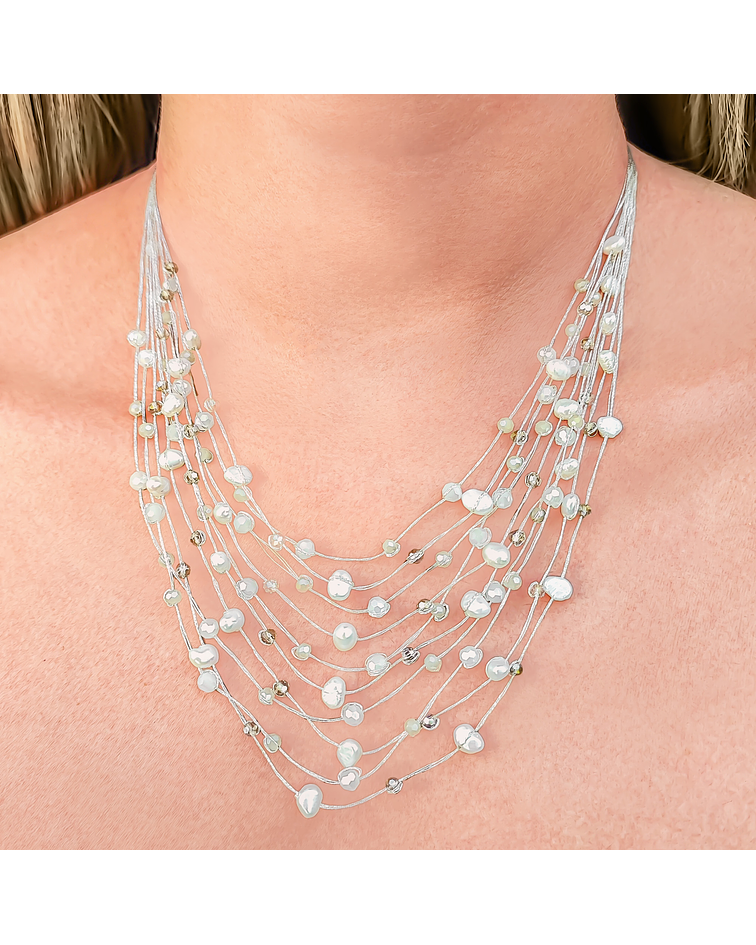 Collar Perlas de Río Blancas Cristales Hilos de Seda Plateados 48cm