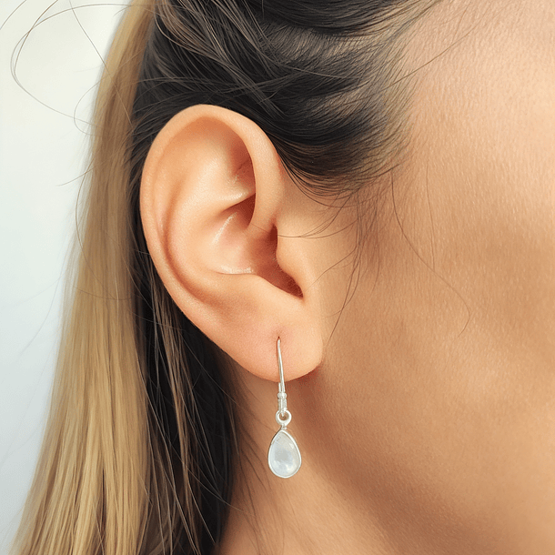 Aros Shanti Gota Piedra Natural Gancho Plata Fina 925 16