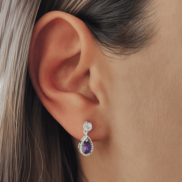 Aros Gota Circón Facetado Morado Plata Fina 925 4