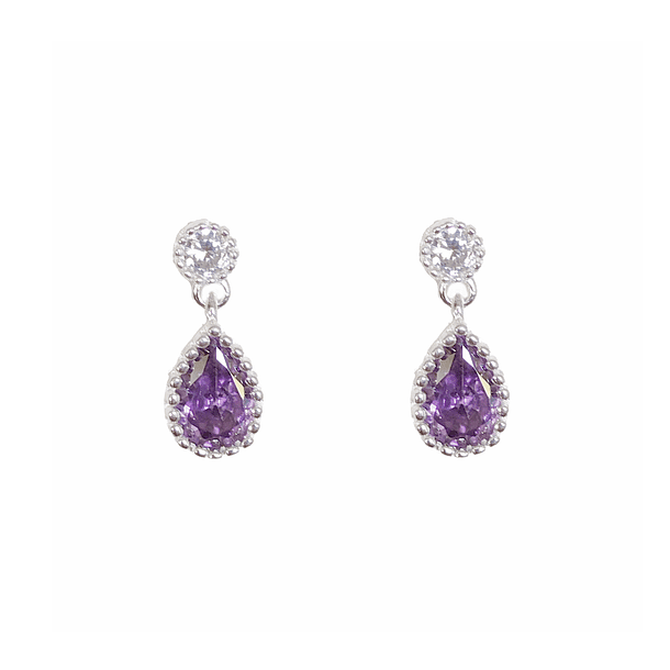 Aros Gota Circón Facetado Morado Plata Fina 925