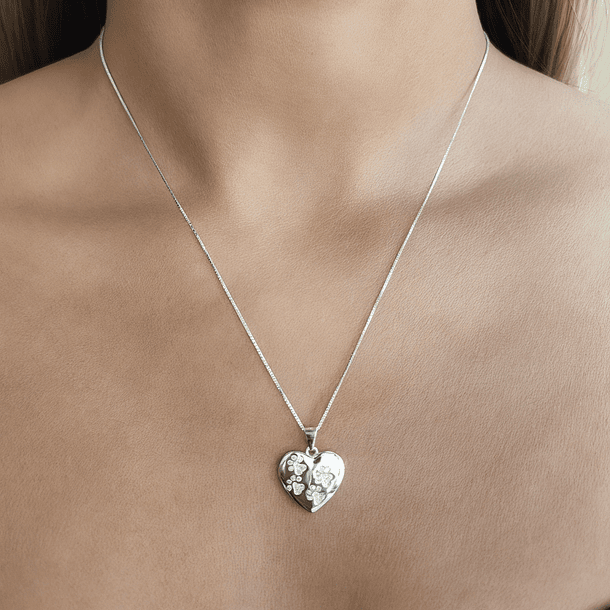 Collar Corazón Huellas Circón Plata Fina 925 3