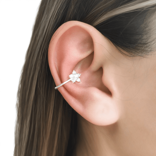 Aro Ear Cuff Roseta Circón Blanco Plata Fina 925 6