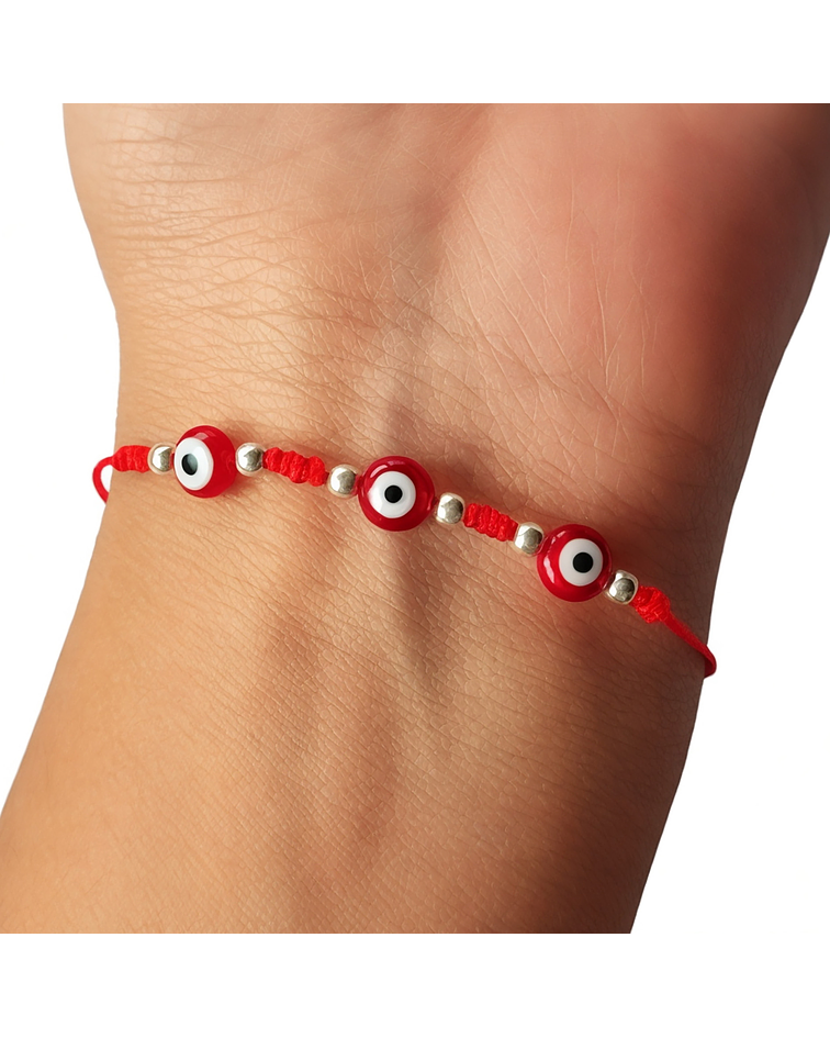 Pulsera 3 Ojos Turco Rojo Cordón Rojo Plata Fina 925