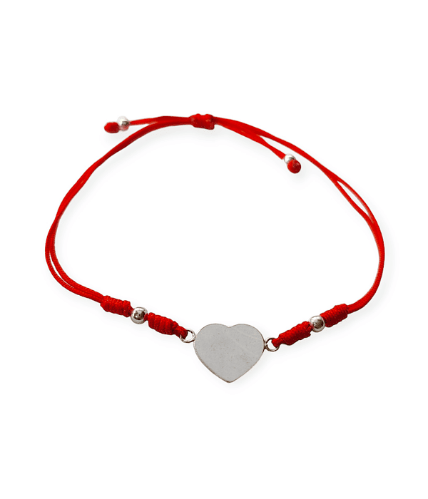 Pulsera Corazón Plano Plata Fina 925 Cordón Rojo