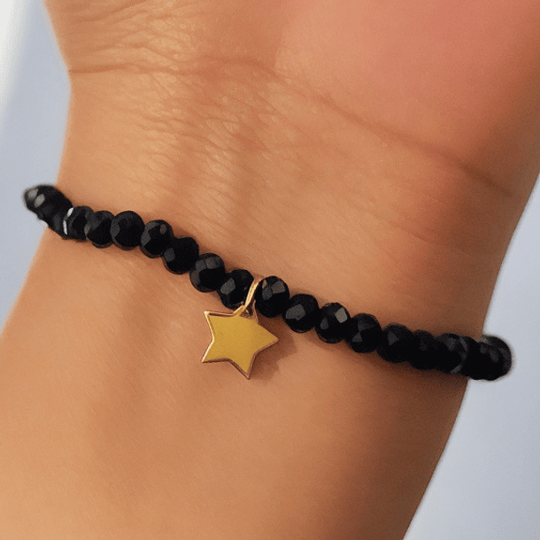 Pulsera Elásticada Cristales Negro Estrella Enchapado Oro 18K 3