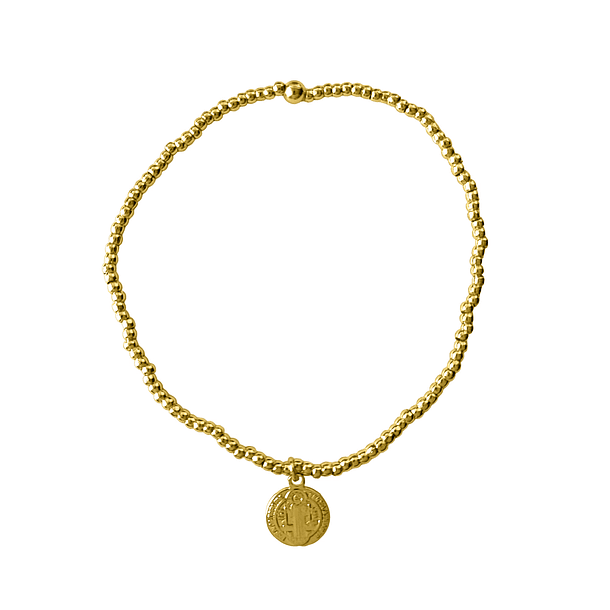 Pulsera Bolitas Medalla San Benito Enchapado Oro 18K Elásticada  1