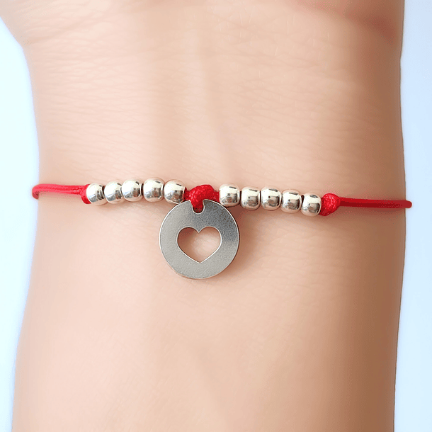 Pulsera Círculo Corazón Bolitas Plata Fina 925 Cordón Rojo