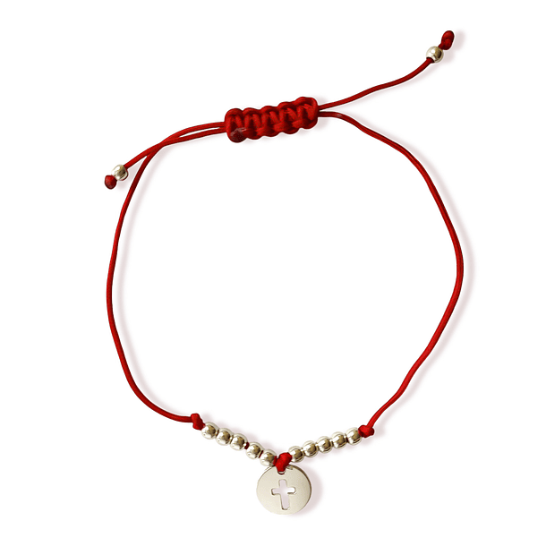 Pulsera Círculo Cruz Bolita Plata Fina 925 Cordón Rojo