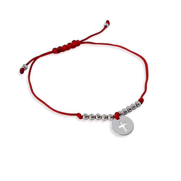 Pulsera Círculo Cruz Bolita Plata Fina 925 Cordón Rojo 3