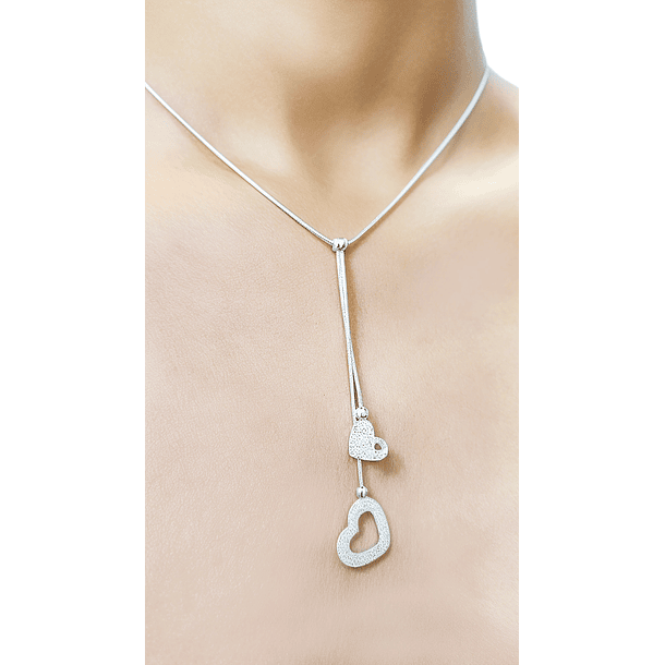 Collar 2 Corazones Colgantes Plata Fina 925  3