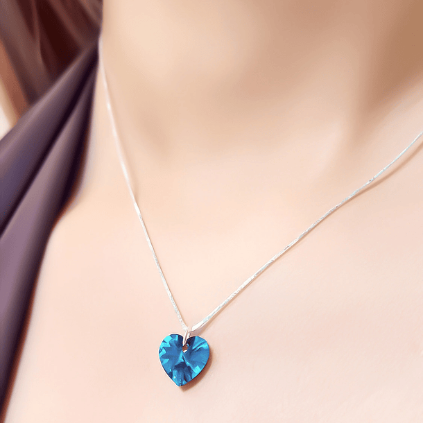 Collar Corazón Cristal Austríaco Azul Bermuda Plata Fina 925 3