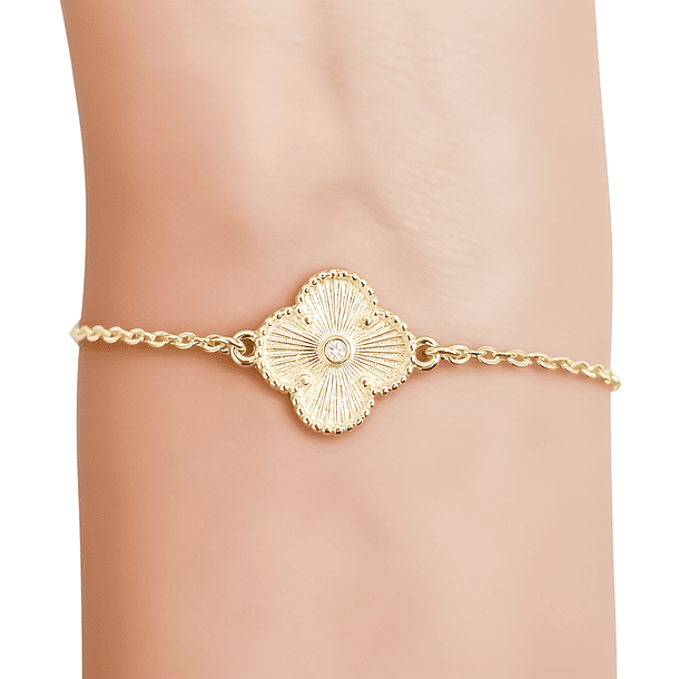 Pulsera Trébol Satinado Circón Blanco Enchapado Oro 18K