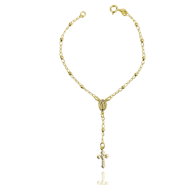 Pulsera Denario Virgen Rayos Cruz Cristo Bolitas Enchapado Oro 18K