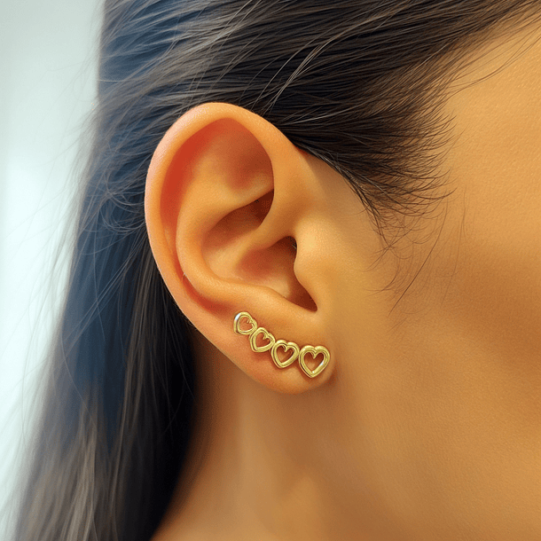 Aros Trepador 4 Corazones Enchapado Oro 18K