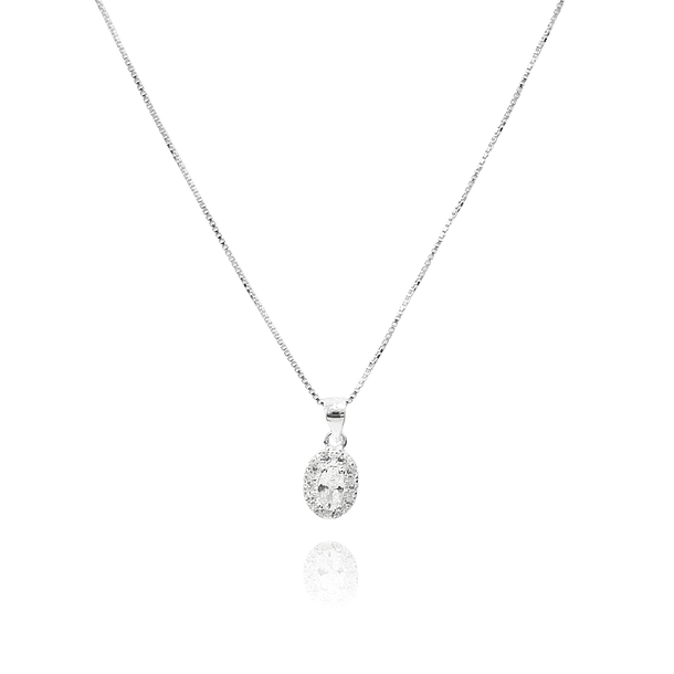 Collar Roseta Oval Circón Blanco Plata Fina 925