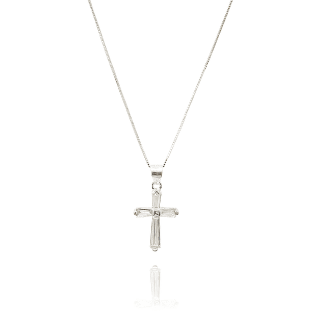 Collar Cruz Circón Blanco Borde Plata Fina 925