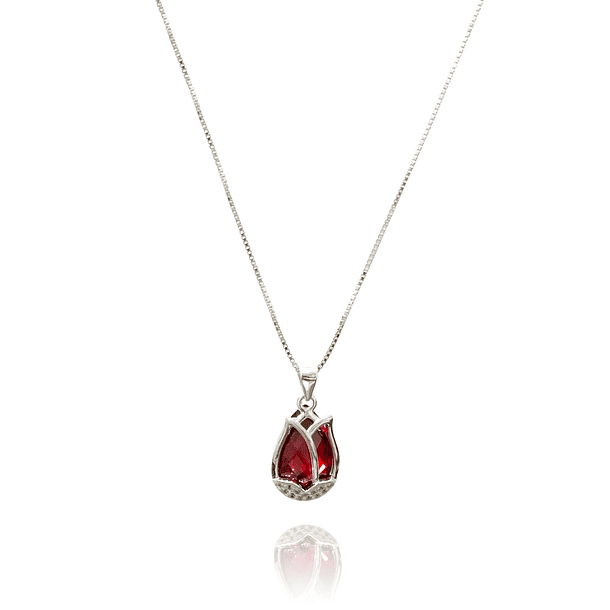 Collar Tulipán Circón Rojo Facetado Plata Fina 925