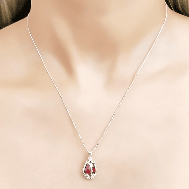 Collar Tulipán Circón Rojo Facetado Plata Fina 925