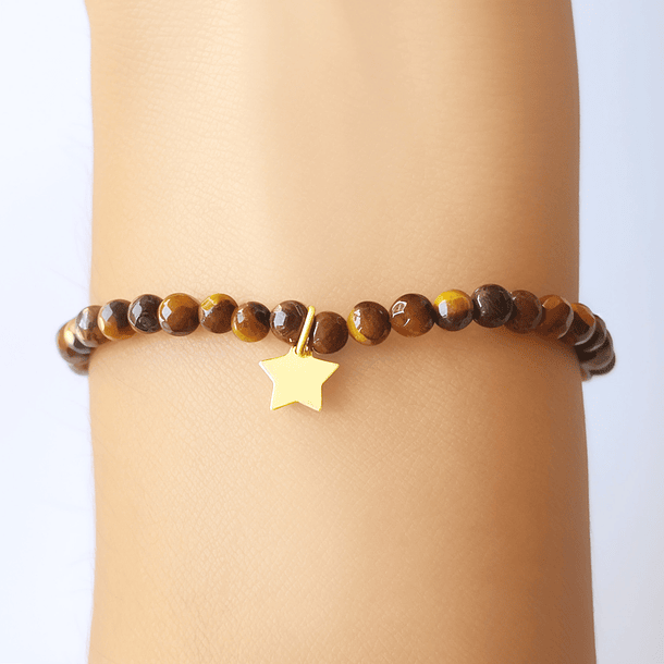 Pulsera Ojo De Tigre 4mm Estrella Enchapado Oro 18K Elásticada