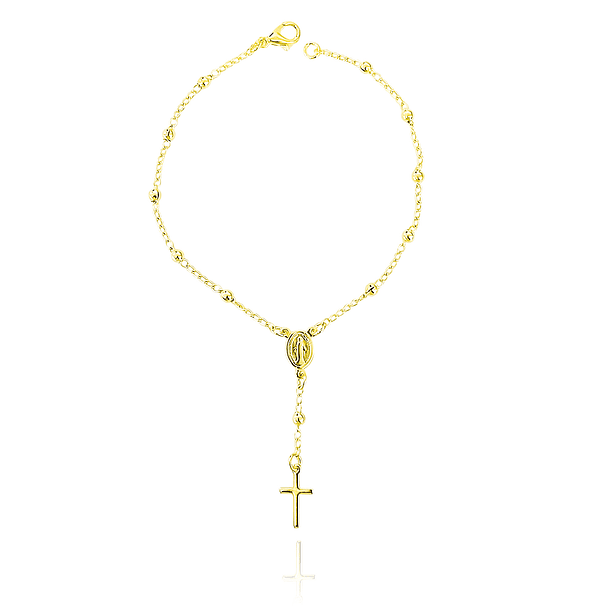 Pulsera Denario Bolitas Cruz Lisa Virgen De Los Rayos Enchapado Oro 18K
