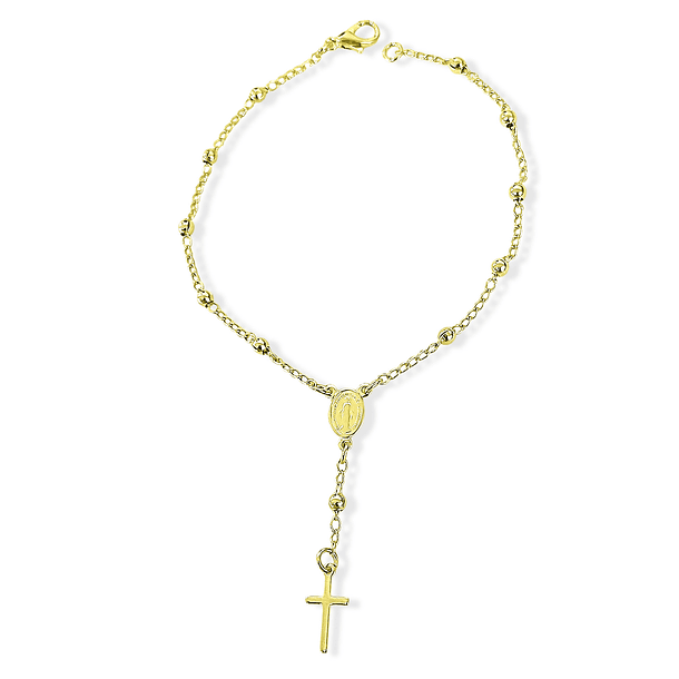 Pulsera Denario Bolitas Cruz Lisa Virgen De Los Rayos Enchapado Oro 18K 4