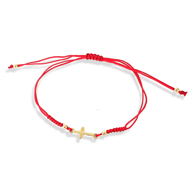 Pulsera Cruz Mini Enchapado Oro 18K Cordón Rojo Adaptable 3