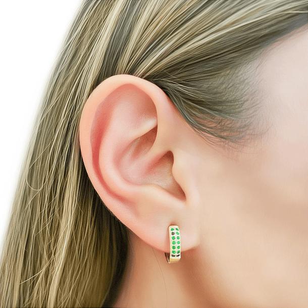 Aros Argolla 2 Líneas Circón Verde 14mm Enchapado Oro 18K