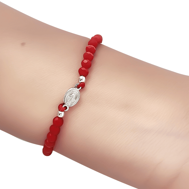 Pulsera Medalla Virgen De Los Rayos  Plata Fina 925 Cristal Cordón Rojo