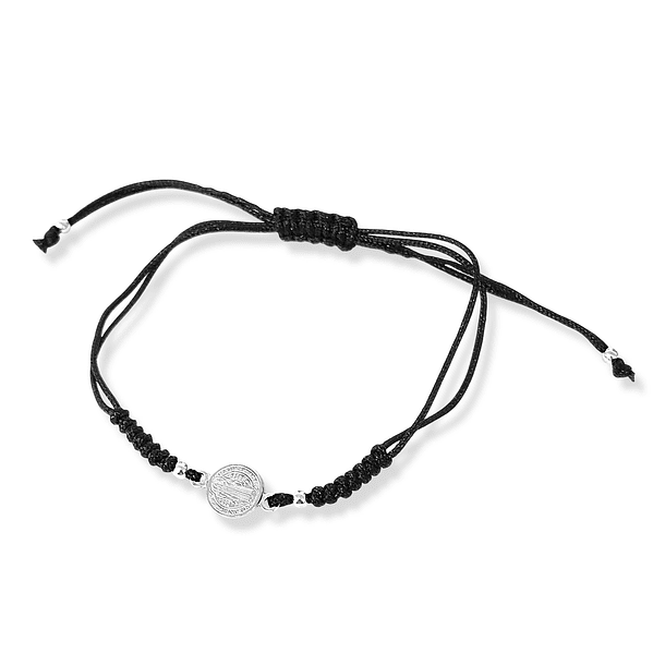 Pulsera Medalla San Benito Plata Fina 925 Cordón Negro Tejido 3