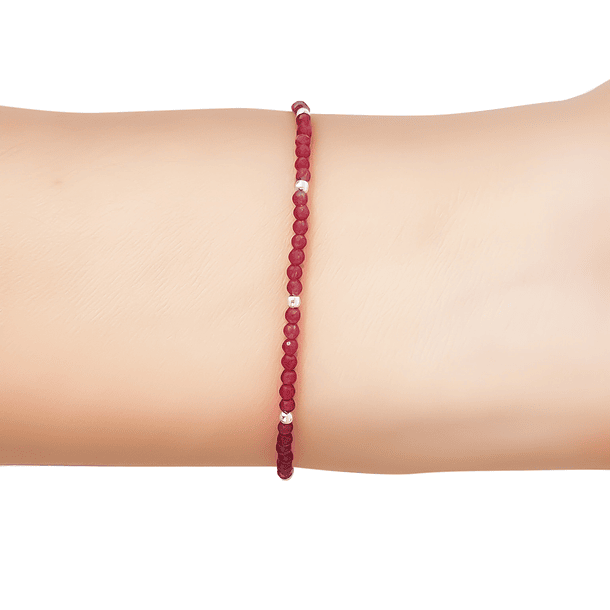 Pulsera Rubí Facetada 2mm Bolitas Plata Fina 925