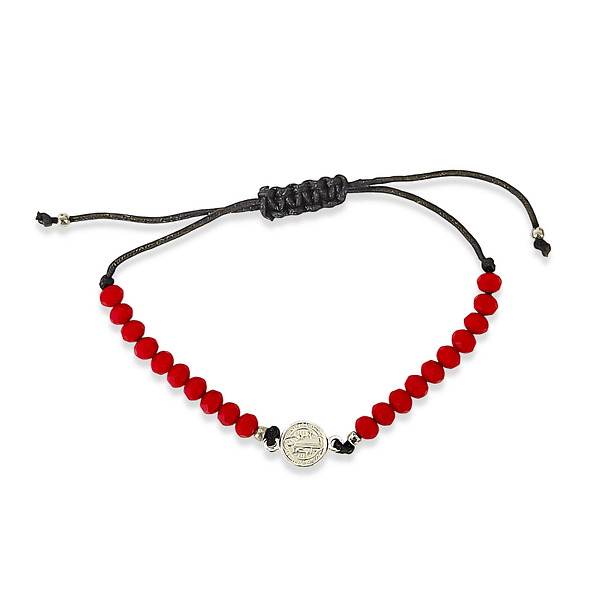 Pulsera Medalla San Benito Plata Fina 925 Cristal Cordón Negro