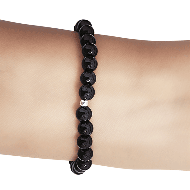 Pulsera Ónix 6mm Bolita Plata Fina 925 Elasticada