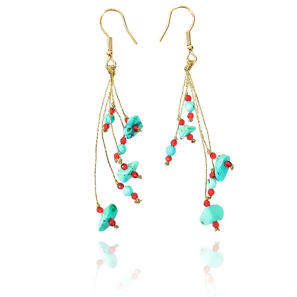 Aros Trurquesa Racimo Hilos Gancho Enchapado Oro 18K