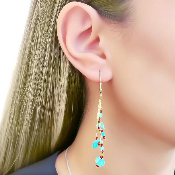 Aros Trurquesa Racimo Hilos Gancho Enchapado Oro 18K