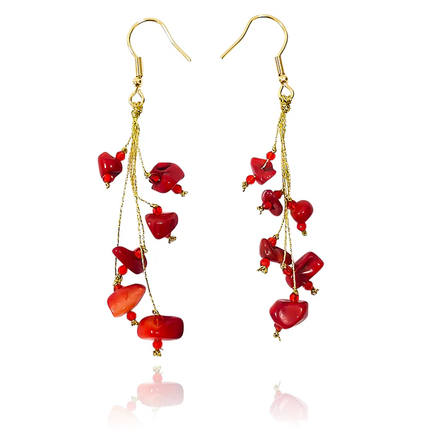 Aros Coral Racimo Hilos Gancho Enchapado Oro 18K