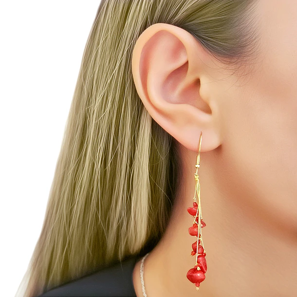 Aros Coral Racimo Hilos Gancho Enchapado Oro 18K