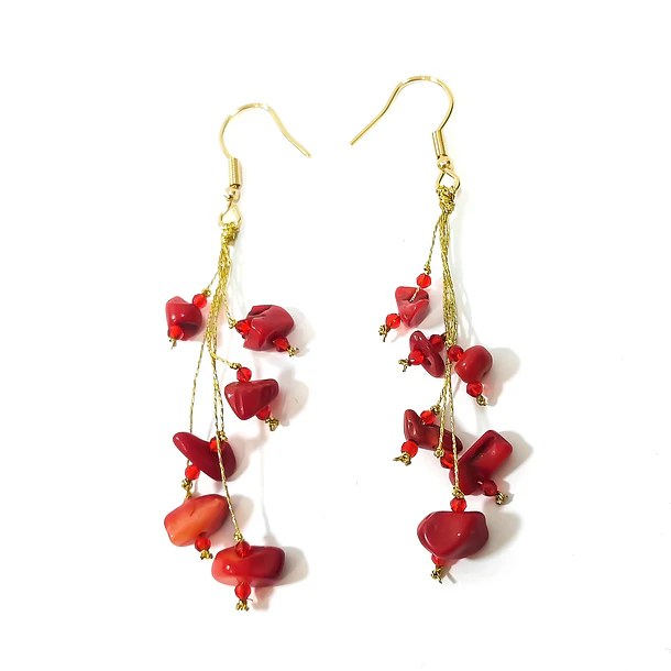 Aros Coral Racimo Hilos Gancho Enchapado Oro 18K 3