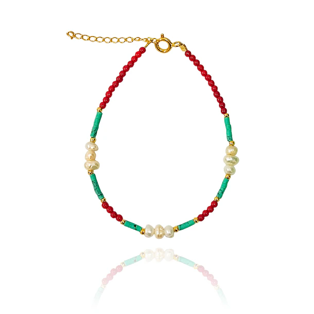 Pulsera Mix Turquesa Perla Cristal Rojo Enchapado Oro 18K