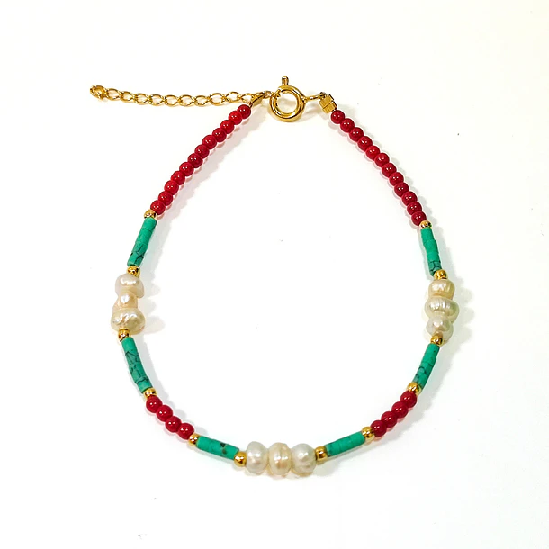 Pulsera Mix Turquesa Perla Cristal Rojo Enchapado Oro 18K 3