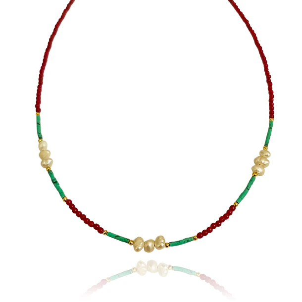 Collar Mix Turquesa Perla Cristal Rojo Enchapado Oro 18K
