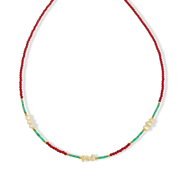 Collar Mix Turquesa Perla Cristal Rojo Enchapado Oro 18K 3
