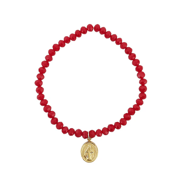 Pulsera Virgen De Los Rayos Cristal Rojo Enchapado Oro 18K