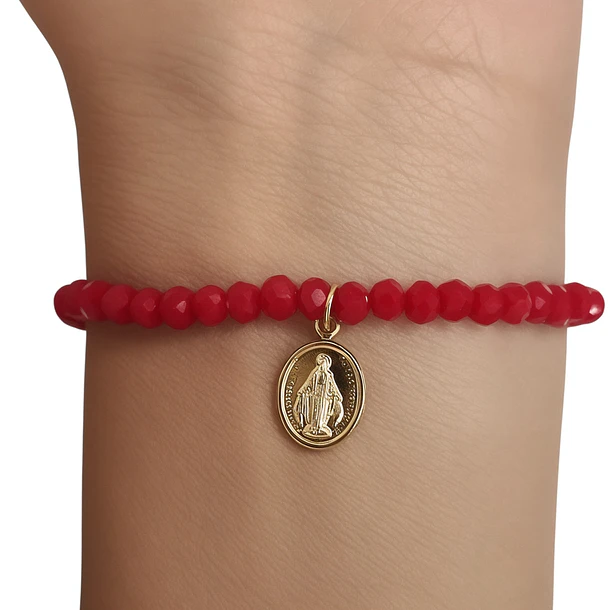 Pulsera Virgen De Los Rayos Cristal Rojo Enchapado Oro 18K