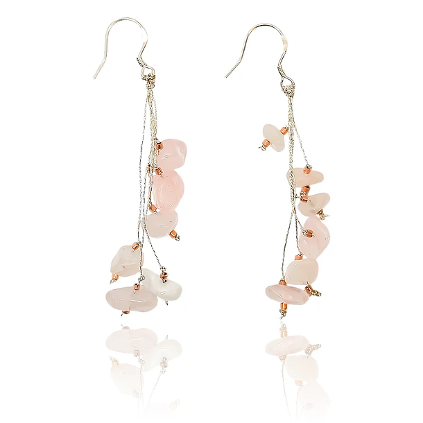 Aros Cuarzo Rosa Chip Hilo Gancho Plata Fina 925