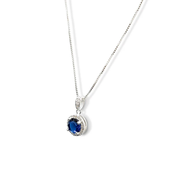 Collar Lady Circón Redondo Azul Blanco Plata Fina 925 3